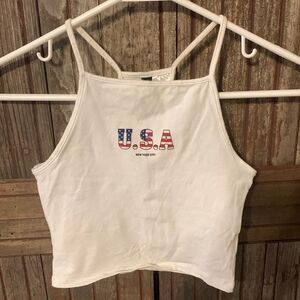 Women’s Juniors Divided Halter Square Neck Crop USA Minimalist White Tank Top